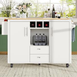 Kitchen Island with Adjustable Shelves, Folding Worktop, Wine Rack, Utility Cart with Towel and Spice Racks, 138L x 73W x 92H cm, White Aosom UK