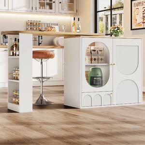 Bar Table with Storage Shelves, 360° Rotating Dining Table & Sideboard with Metal Handles, Space-Saving, 204x39x105 cm, White Aosom UK