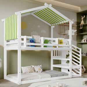 3ft Bunk Bed with Decorative Canopy, Corner Staircase, Picture Bookshelf, Single Bed with Wood Frame, 250L x 108W x 228.5H cm, White+Green Aosom UK