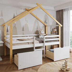 3ft Children's Bed with 2 Storage Drawers, Safety Guardrail, Wood Frame, Single Bed with Roof Design, 201.5L x 95W x 212H cm, White+Natural Aosom UK