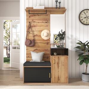 Elegant Hallway Wardrobe with Mirror, Shoe Cabinet, Coat Hooks, Bench Seat, Ideal for Entryway, 105L x 40W x 191H cm, Black & Natural Aosom UK