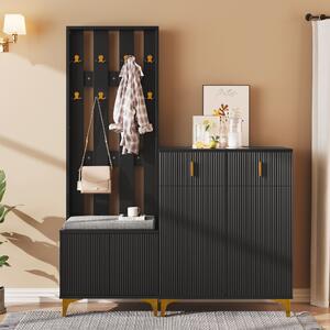 Modern Wardrobe and Drawers Set with Shoe Bench and Cushion, Multiple Compartments, Wavy Texture, Elegant Shoe Cabinet for Entryway, Black Aosom UK