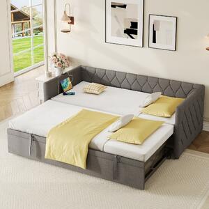 Upholstered Sofa Bed with Charging Station, Button-Tufted Design, Pull-out Trundle Bed for Bedroom, Study Room, 206L x 193W x 71H cm, Grey Aosom UK