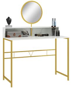 HOMCOM Vanity Dressing Table with Round Mirror, Modern Makeup Desk with Open Storage, Faux Marble & Steel Frame for Bedroom, White Aosom UK