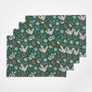 Homescapes Set of 4 Green Placemats 100% Cotton Christmas Holly Design