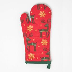 Homescapes Red Oven Glove 100% Cotton Christmas Reindeer Oven Mitt