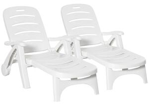 Outsunny 2PCs Outdoor Folding Sun Lounger Recliner on Wheels w/ 5-Position Backrest, White