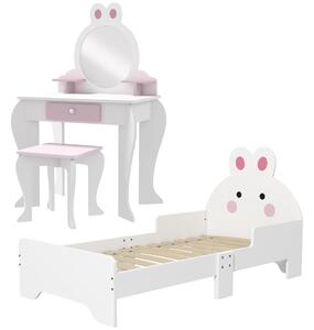 ZONEKIZ Kids Bedroom Furniture Set, Wooden with Dressing Table, Stool, Bed, Bunny-Design, for 3-6 Years