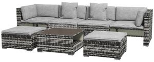 Outsunny 7-Piece Rattan Patio Furniture Set with Sofa, Footstools, Coffee Table, Side Shelves, Cushions, Pillows, Mixed Grey