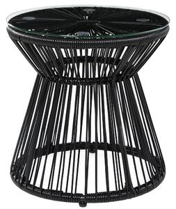 Outsunny Round End Table, Rattan Side Table, Hollow Drum Design Coffee Table w/ Glass Tabletop for Patio, Garden, Balcony Black