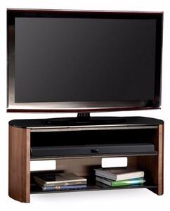 Flare Large Black Glass TV Stand With Walnut Wooden Base