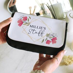 Personalised Pink Floral Make Up Bag Black