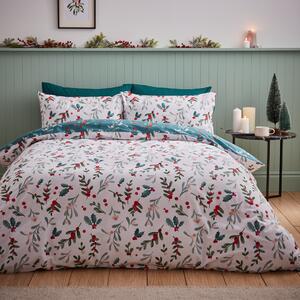 Catherine Lansfield Holly And Mistletoe Brushed Duvet Cover Bedding Set White Green