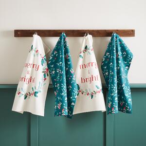 Catherine Lansfield Holly And Mistletoe Four x Tea Towel Green