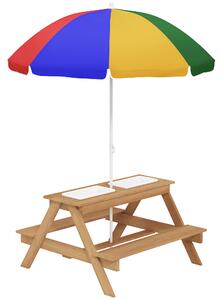 AIYAPLAY Kids Picnic Table, Sand and Water Table with Wooden Benches, Adjustable Parasol and Storage Bins, Multicolour