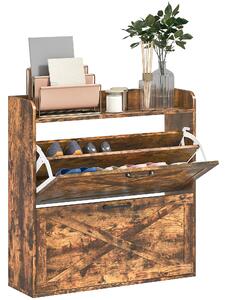 HOMCOM Two Flip Drawer Narrow Shoe Cabinet with Adjustable Shelves - Rustic Brown