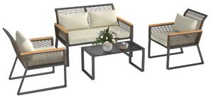 Outsunny Four Piece Wicker Rope Garden Furniture Set with Glass Top Coffee Table - Grey