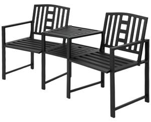 Outsunny Patio Tete-a-tete Chair 2 Seat Bench Middle Coffee Table w/ Umbrella Hole for Outdoors Decorative Slatted Design Steel Frame Black