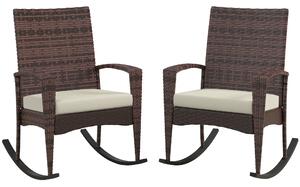 Outsunny Outdoor PE Rattan Rocking Chair Set of 2, Garden Rocking Chair Set with Armrest and Cushion, Brown