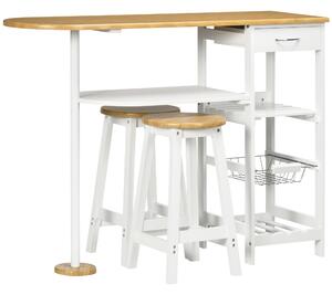 HOMCOM 3 Piece Bar Table and Stools w/ Storage Shelf, Drawer, Wire Basket & Wine Rack, Bar Table Set for Kitchen, Natural & White Aosom UK