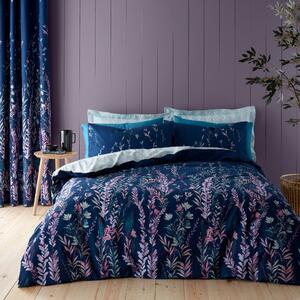 Whimsical Floral Midnight 100% Cotton Duvet Cover and Pillowcase Set Midnight (Blue)