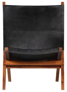Folding Relaxing Chair Black Real Leather