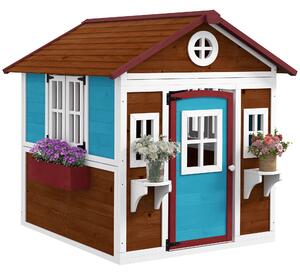 Outsunny Wooden Playhouse with Doors, Windows, Plant Pots, Boxes, for 3-8 Years - Dark Brown