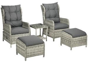 Outsunny 5 Pieces PE Rattan Sun Lounger Set, Outdoor Half-round Wicker Recliner Sofa Bed with Glass Top Two-tier Table and Footstools, Mixed Grey