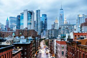 Photography Illuminated Manhattan Financial District skyscrapers seen, Alexander Spatari