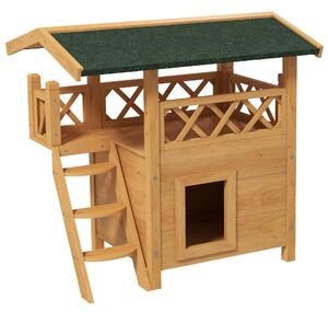 PawHut Cat House Outdoor w/ Balcony Stairs Roof, 77 x 50 x 73 cm, Natural Aosom UK
