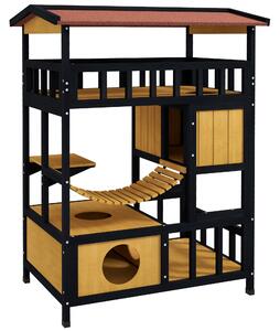 PawHut Outdoor Cat Shelter, Four-Tier Wooden Feral Cat House, with Suspension Bridge, Cat Houses, Balcony, Escape Doors