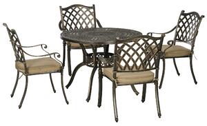 Outsunny 4 Seater Outdoor Dining Set Antique Cast Aluminium Garden Furniture Set with Cushions Round Dining Table with Parasol Hole, Bronze