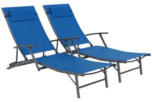Outsunny Set of 2 Folding Sun Loungers for Garden, 4 Positions Adjustable Outdoor Chaise Lounge Chairs with Armrests, Pillows, Blue