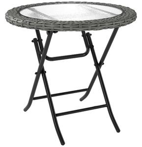 Outsunny Folding Round Tempered Glass Garden Table with Grey Rattan Edging