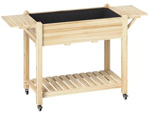 Outsunny Raised Garden Bed, Wooden Elevated Planter Box with Lockable Wheels, Side Tables and Bottom Shelf for Vegetables, Flowers, Natural