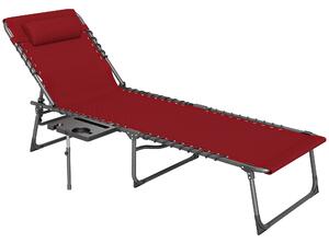 Outsunny Folding Sun Lounger with Side Table, 5-Level Adjustable Reclining Sun Lounger Chair, Portable Garden Recliner Sunbed with Side Pocket, Head Pillow for Patio, Beach, Red