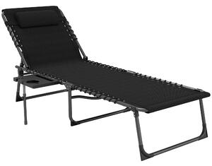 Outsunny Folding Sun Lounger with Side Table, 5-Level Adjustable Reclining Sun Lounger Chair, Portable Garden Recliner Sunbed with Side Pocket, Head Pillow for Patio, Beach, Black