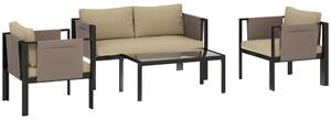 Outsunny 4 Piece Metal Garden Furniture Set with Tempered Glass Coffee Table, Texteline Pocket, Outdoor Set Loveseat Single Armchairs with Padded Cushions, Khaki