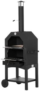 Outsunny Outdoor Garden Pizza Oven Charcoal BBQ Grill 3-Tier Freestanding Grill w/ Chimney, Mesh Shelf, Thermometer Handles, Wheels Aosom UK