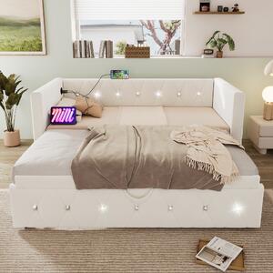 3FT Upholstered Single Daybed with USB and Type C Charging Stations, Velvet Sofa Bed with Pull-Out Trundle, 203L x 101-194W x 76H cm, Beige Aosom.UK