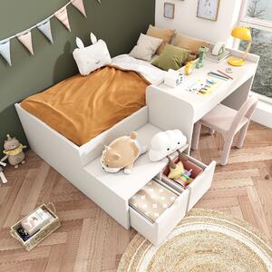 Kids Single Bed with Desk and Storage Drawers, Solid Wood Bed Frame with Lying Surface, for Teenagers, 195L x 137W x 82.5H cm, White Aosom.UK