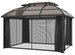 Outsunny Aluminium Frame 4 x 3(m) Polycarbonate Gazebo with Curtains, Nettings, Double Roof for Lawn, Yard, Patio, Deck, Brown