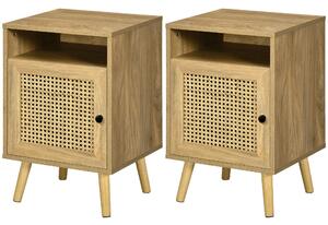 HOMCOM Bedside Table with Rattan Element, Side End Table with Shelf and Cupboard, 39cmx35cmx60cm, Set of 2, Natural