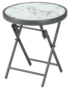 Outsunny Φ45cm Outdoor Side Table, Round Folding Patio Table with Imitation Marble Glass Top, Small Coffee Table, White