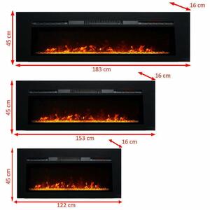 Wall Mounted Electric Fires, Free Standing, Incorporated ElectricSun Paula Glass BIG Black, 10 Colour, with Sound Effect L183xH45x16cm