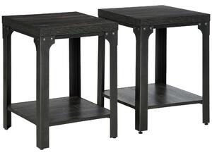 HOMCOM Industrial Side Table Set of 2 with Storage Shelf, Bedside Tables with Steel Frame and Thickened Top, Living Room Bedroom, Dark Walnut