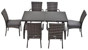 Outsunny 6-Seater Garden Dining Set Steel Frame PE Rattan Wicker w/ 6 Chairs Large Table Glass Top Curved Legs Feet Pads Thick Cushions Suitable Grey