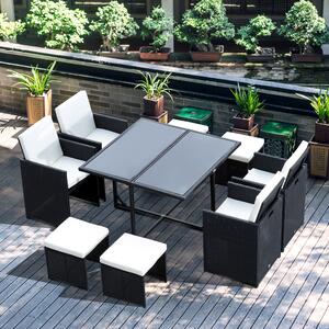 Outsunny 9PC Garden Rattan Dining Set Outdoor Patio Dining Table Set Weave Wicker 8 Seater Stool Black