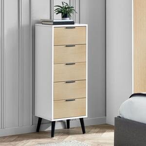 Akron Wooden Chest Of 5 Drawers Narrow In White And Oak