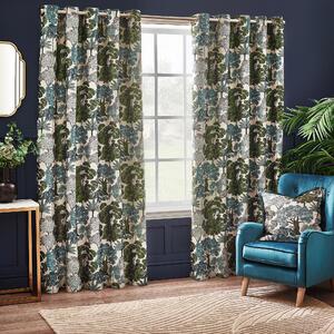 Woodlands Floral Jacquard Ready Made Eyelet Curtains Green